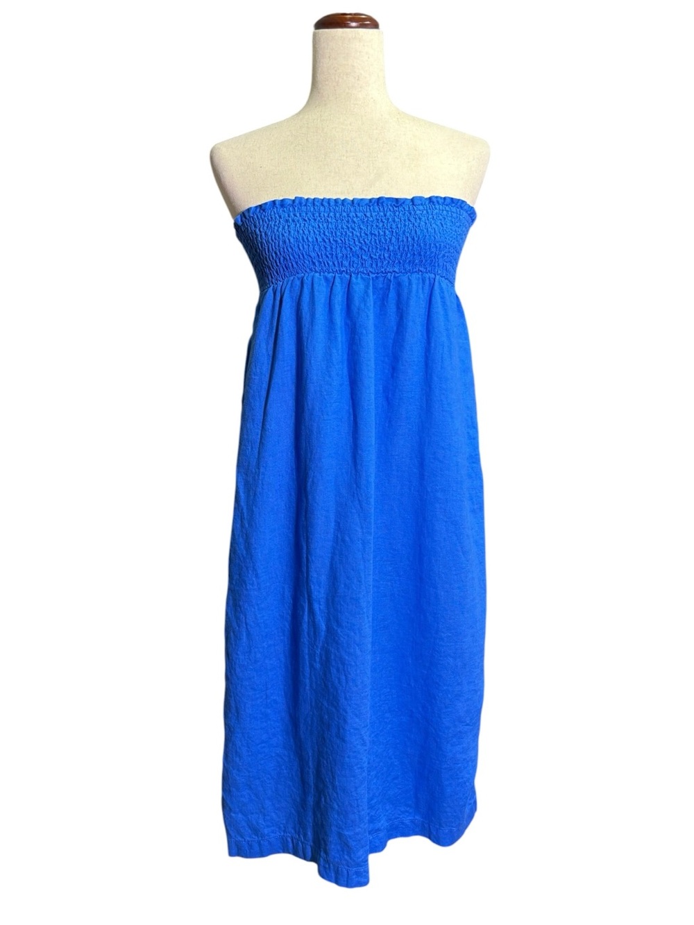 Blue Linen Blend Convertible Strapless Dress Maxi Skirt Pockets